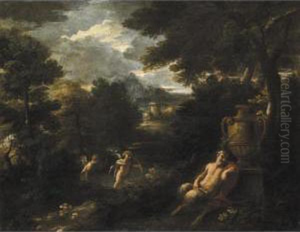 Fauno E Amorini In Un Paesaggio Oil Painting by Cirlce Of Filippo Lauri