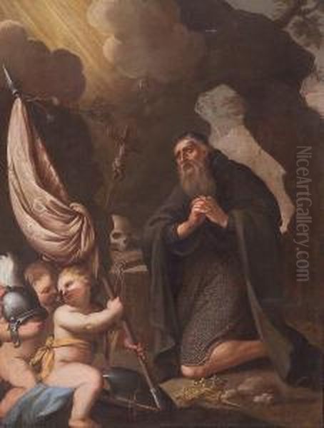 St. Louis In Prayer With Putti Bearing His Staff Oil Painting by Cirlce Of Filippo Lauri