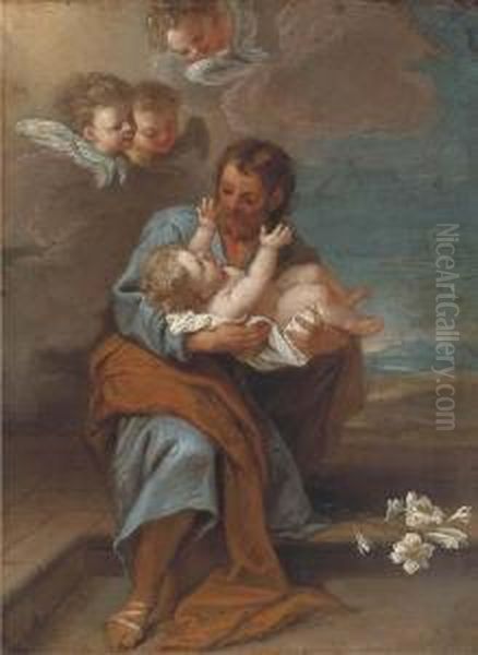 Saint Joseph And The Infant Christ With Cherubim Oil Painting by Cirlce Of Filippo Lauri