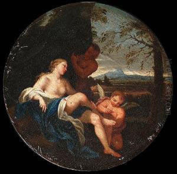 Venus And Cupid Surprised By A Satyr Oil Painting by Cirlce Of Filippo Lauri