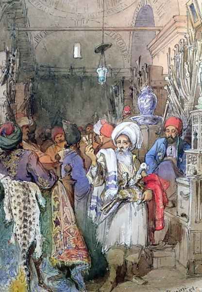 Vendors in the Covered Bazaar, Istanbul, 1851 Oil Painting by Amadeo Preziosi