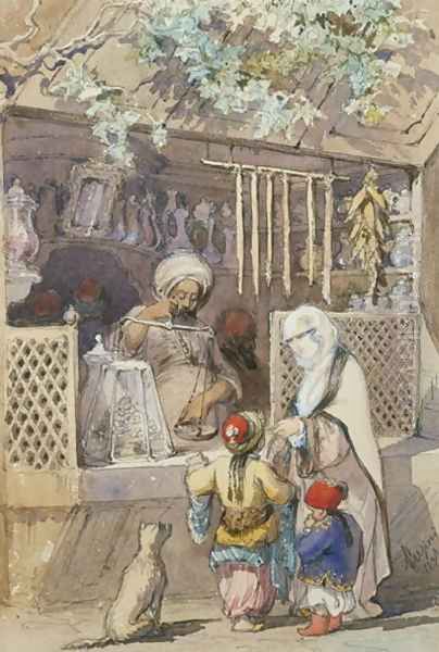 Turkish Figures at a Sweetmeat Stall, 1851 Oil Painting by Amadeo Preziosi