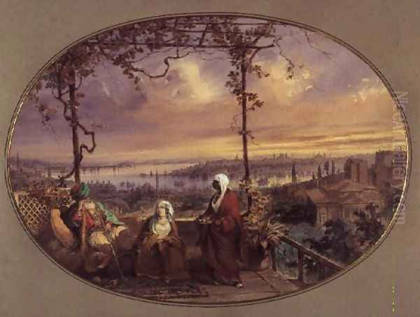 View from terrace of a house in Galata, with a Turk, his wife and servant looking towards the mouth of the Golden Horn and Bosphorus Oil Painting by Amadeo Preziosi