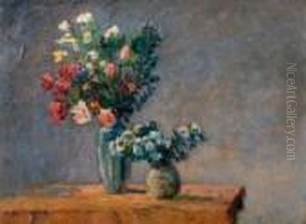 Bouquets De Fleurs Sur Un Entablement Oil Painting by Louis Alphonse Abel Lauvray