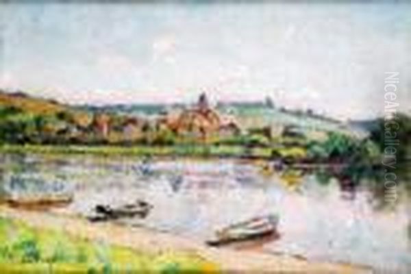 Barques A Vetheuil, Circa 1900 Oil Painting by Louis Alphonse Abel Lauvray