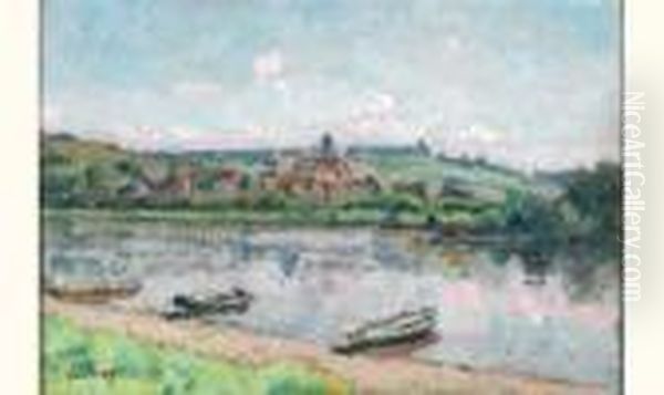 Barques A Vetheuil Oil Painting by Louis Alphonse Abel Lauvray