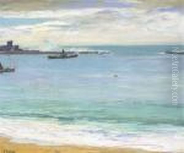 Steamers In The Harbour, St. Jean De Luz Oil Painting by John Lavery