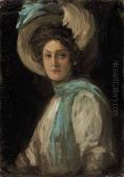 A Lady In Blue And White Oil Painting by John Lavery