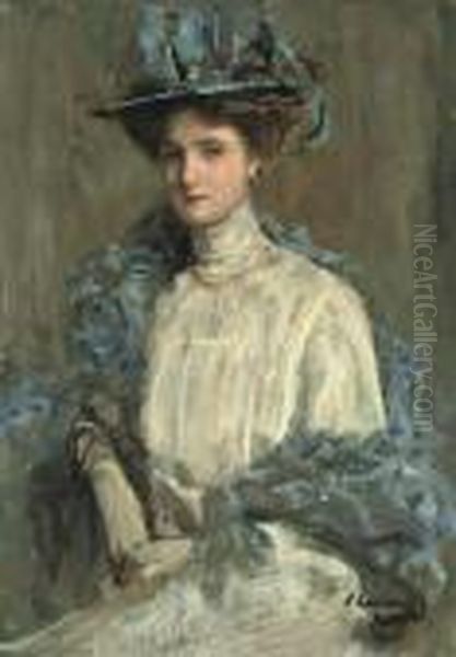 Portrait Of A Lady In Blue Oil Painting by John Lavery