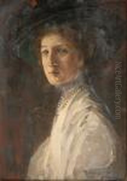 Bust Length Portrait Of Mrs Baker Wearing A Hat Oil Painting by John Lavery