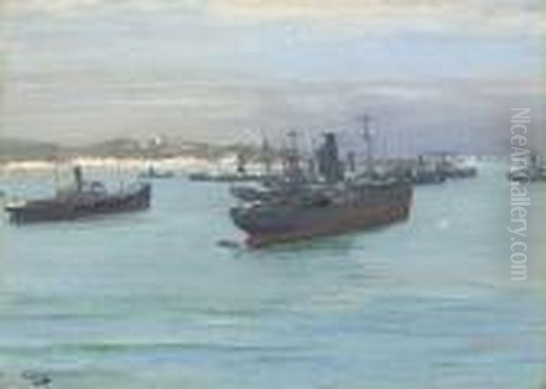 Norwegian Cargo Boats, St Jean De Luz Oil Painting by John Lavery