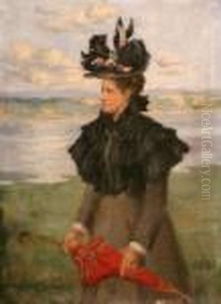 Showing Lady Holding Red Parasol Standing Before Irish Lough Oil Painting by John Lavery