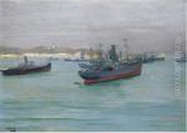 Norwegian Cargo Boats, St. Jean De Luz Oil Painting by John Lavery