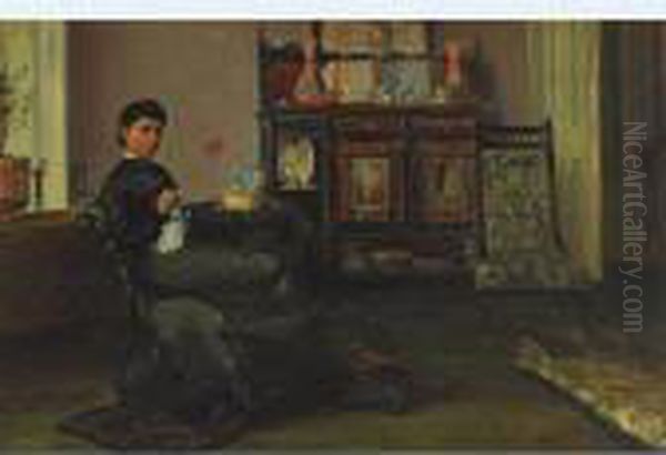 A Lady Sewing In A Parlour (jane Lavery?) Oil Painting by John Lavery