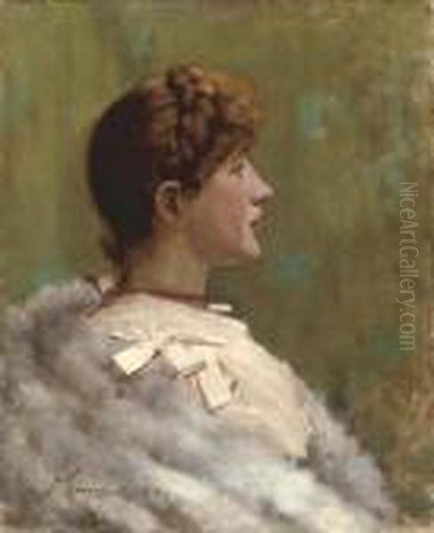 Portrait Of A Girl With Fur Wrap, Seated In Profile Oil Painting by John Lavery