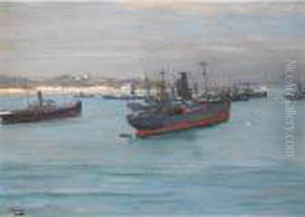 Norwegian Cargo Boats, St Jean De Luz Oil Painting by John Lavery