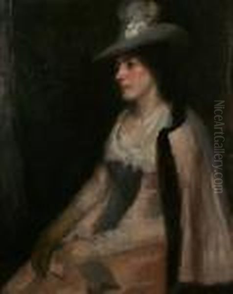 Portrait Of A Lady, Seated, Wearing Pink Dress And Cape, And A Grey Hat Oil Painting by John Lavery