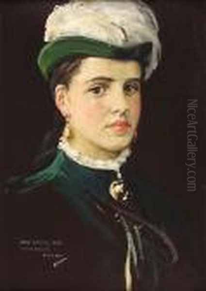 Head And Shoulders Portrait Of Jane Lavery In Green, With Plumed Hat Oil Painting by John Lavery