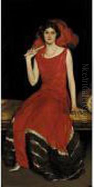 Lady In Red (portrait Of Constance Bridges) Oil Painting by John Lavery