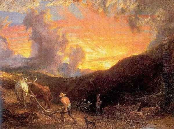 Ploughing at Sunset Oil Painting by Samuel Palmer