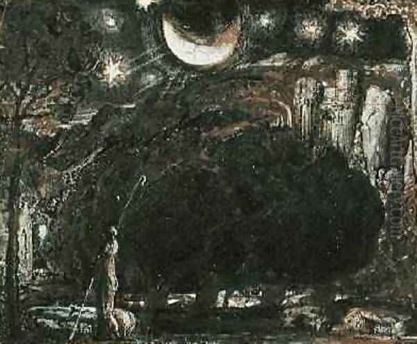 A Shepherd and his Flock under the Moon and Stars, c.1827 Oil Painting by Samuel Palmer