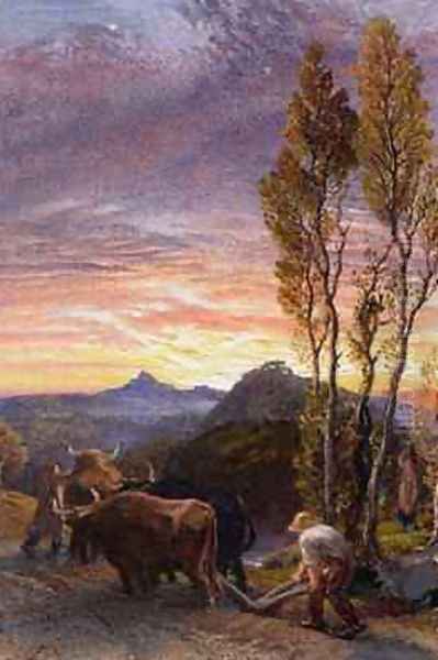 Oxen Ploughing at Sunset Oil Painting by Samuel Palmer