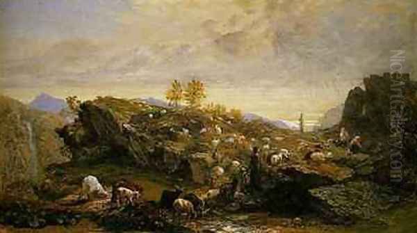 Rustics with Sheep and Goats in a Rocky Landscape Oil Painting by Samuel Palmer