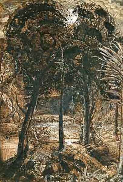 A moonlit scene with a winding river, 1827 Oil Painting by Samuel Palmer