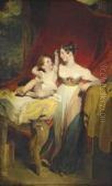 Portrait Of Anne, Viscountess 
Pollington, Later Countess Of Mexborough , With Her Son, John Charles , 
Later 4th Earl Of Mexborough, Full-length, She In A White Dress With A 
Rose At The Bodice, With A Pink And Blue Shawl, A Draped Red Curtain 
Beyon Oil Painting by Sir Thomas Lawrence