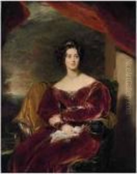 Portrait Of Mary, Countess Of 
Wilton (1801-1858),three-quarter-length, Seated, In A Red Velvet Dress 
With A Brooch,a Landscape Beyond Oil Painting by Sir Thomas Lawrence