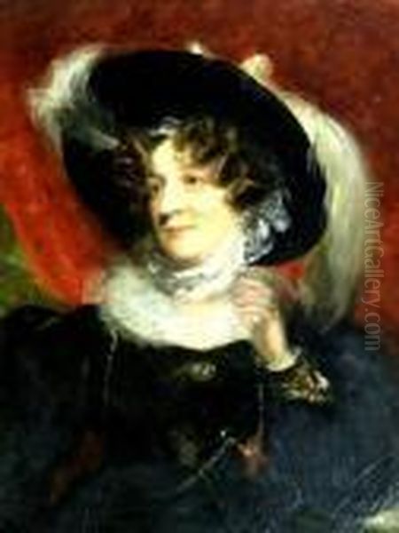 Portrait Of A Lady Wearing Plumed Bonnet And Black Dress With Lacecollar Oil Painting by Sir Thomas Lawrence