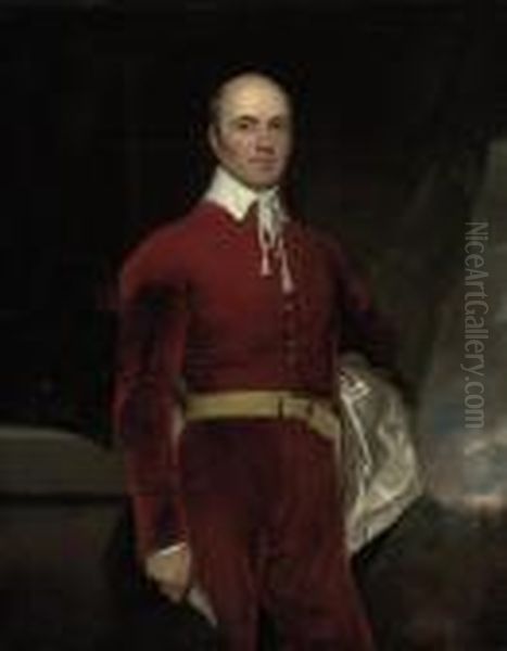 Portrait Of A Gentleman, 
Three-quarter-length, In A Red Coat Andwhite Shirt, Standing Beside A 
Table, A Landscape Beyond Oil Painting by Sir Thomas Lawrence