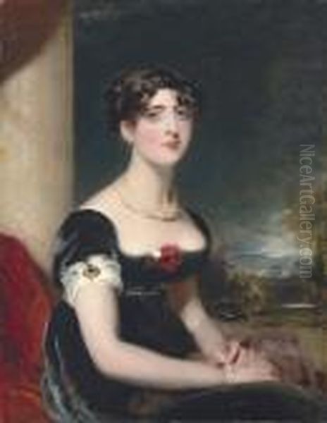 Portrait Of Eliza Fitzroy, 
Half-length, Seated, In A Black Dress With Red And White Roses, A 
Jewelled Brooch And A Chain Of Gold And Pearls, At A Window Casement, A 
Mountainous Landscape Beyond Oil Painting by Sir Thomas Lawrence