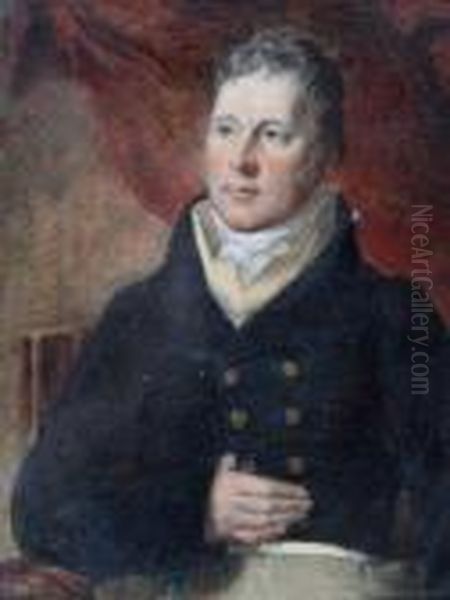 Portrait Of A Gentleman Wearing Dark Blue Jacket And White Stock Seated In A Chair Oil Painting by Sir Thomas Lawrence