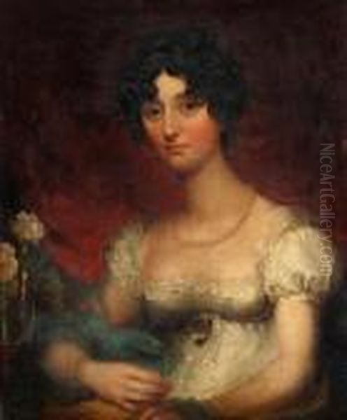 Portrait Of A Young Lady, Bust Length, Wearing White Dress And Pearl Beads Oil Painting by Sir Thomas Lawrence