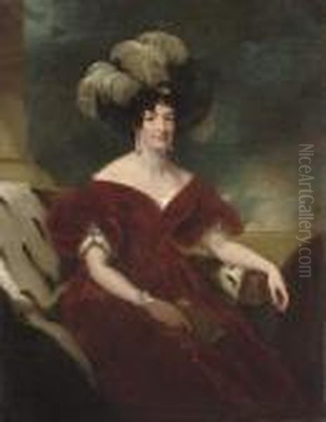 Portrait Of A Lady, 
Three-quarter-length, Seated In A Red Velvetdress, And A Black Plumed 
Hat Oil Painting by Sir Thomas Lawrence