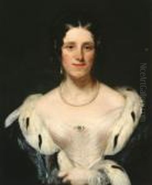 Portrait Of A Lady Wearing Pearls And An Ermine Lined Bluecape Oil Painting by Sir Thomas Lawrence