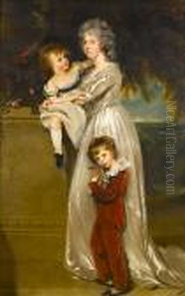 Portrait Of Mrs Arthur Annesley,
 Standing Full-length, In A White Satin Dress With Two Of Her Children, 
One In A Red Skeleton Suit Holding A Rabbit, The Other Seated On A Stone
 Plinth Oil Painting by Sir Thomas Lawrence