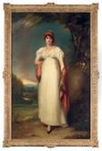 Portrait Of Mrs John Halkett (d.
 1805), Full-length, In A White Dress, With An Embroidered Headdress 
And Shawl, In An Extensive Landscape Oil Painting by Sir Thomas Lawrence