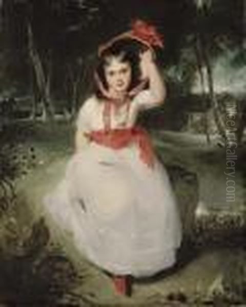 'the Woodland Maid': Portrait Of
 Miss Emily De Visme (1787-1873), Full-length, Seated In A Wooded 
Landscape, In A White Dress With A Pink Sash And A Straw Bonnet With Red
 Ribbons Oil Painting by Sir Thomas Lawrence