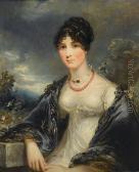 Portrait Of A Lady, 
Half-length, In A White Dress With A Blue Shawl And A Coral Necklace Oil Painting by Sir Thomas Lawrence