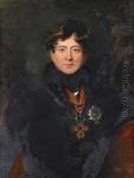 A Portrait Of King George Iv, 
Bust-length, In A Fur-trimmed Coat And Wearing The Badge Of The Order Of
 The Garter And The Spanish Order Of The Golden Fleece Oil Painting by Sir Thomas Lawrence