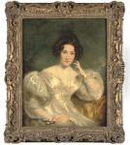 Portrait Of Mrs Sinclair, 
Three-quarter-length, In A White Dress,an Eyeglass On A Chain Around Her
 Neck Oil Painting by Sir Thomas Lawrence