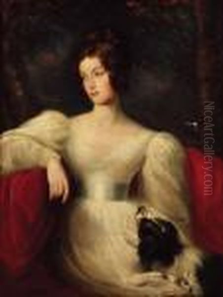 Portrait Of A Lady, 
Three-quarter-length, In A White Dress, Seatedwith A Dog By Her Side, In
 A Landscape Oil Painting by Sir Thomas Lawrence