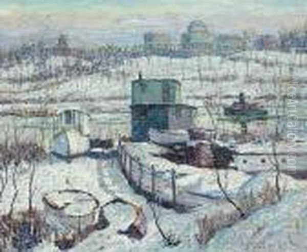 Boathouse, Winter, Harlem River Oil Painting by Ernest Lawson