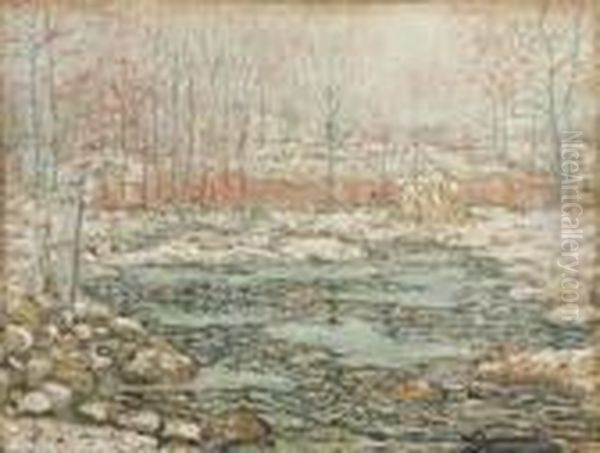 Impressionistic Winter Landscape With Stream, Haystack And Distant Buildings Oil Painting by Ernest Lawson