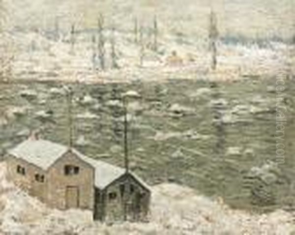 Boathouses Along A River Oil Painting by Ernest Lawson