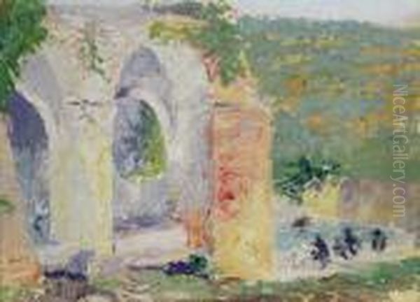 Aqueduct With Figures Bathing Oil Painting by Ernest Lawson