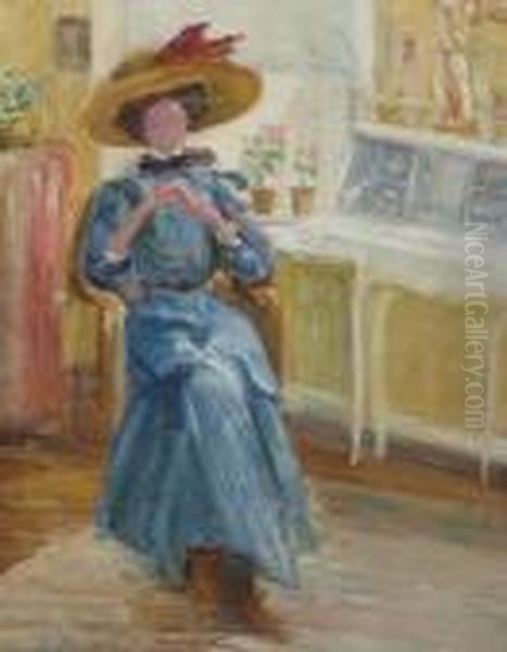 Seated Woman With Hat Oil Painting by Ernest Lawson