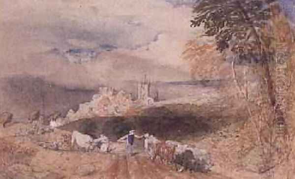 Hilly Landscape with Farmers Ploughing Oil Painting by Samuel Palmer